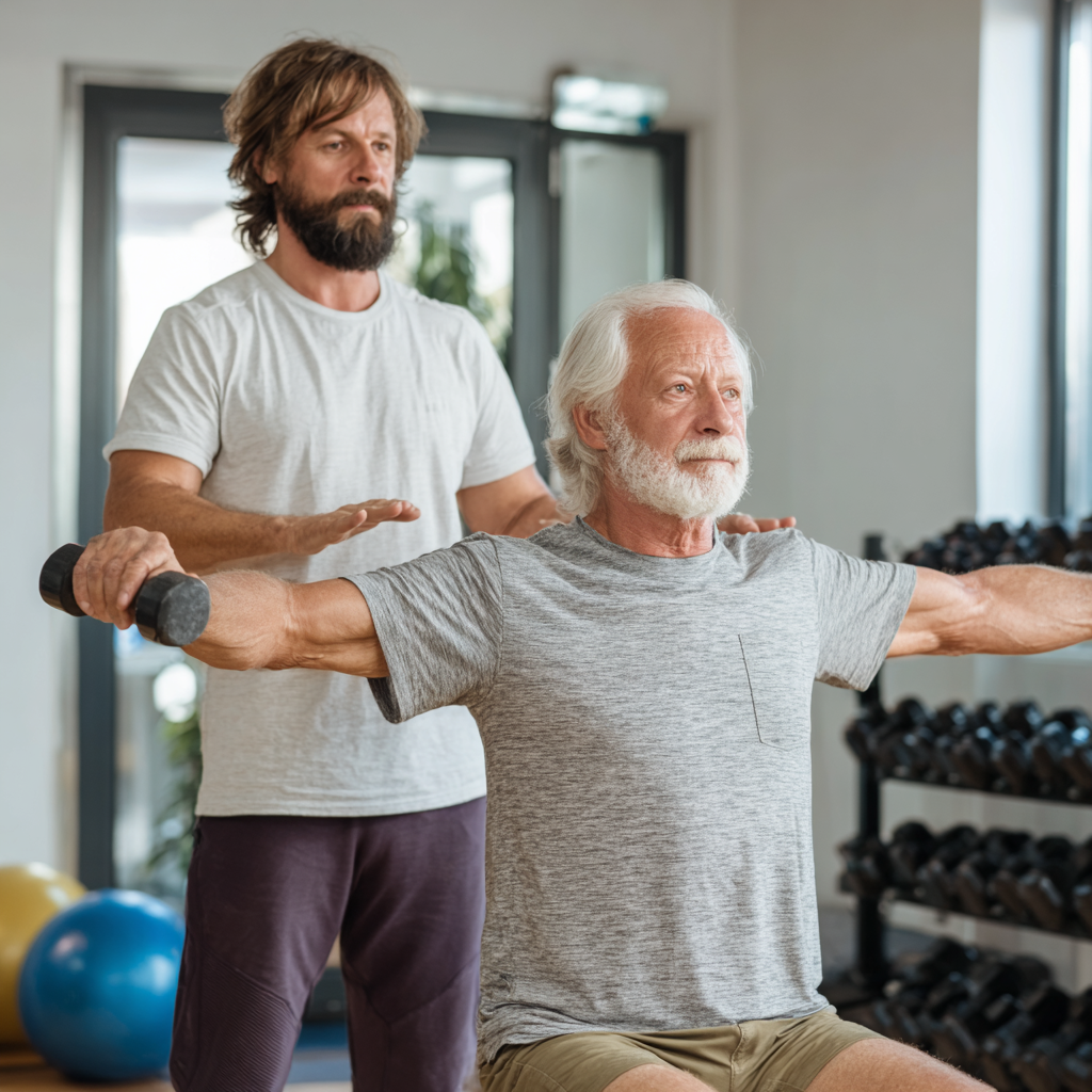Досвідчений тренер проводить індивідуальне заняття з чоловіком віком 60 років, демонструючи правильну техніку виконання вправ