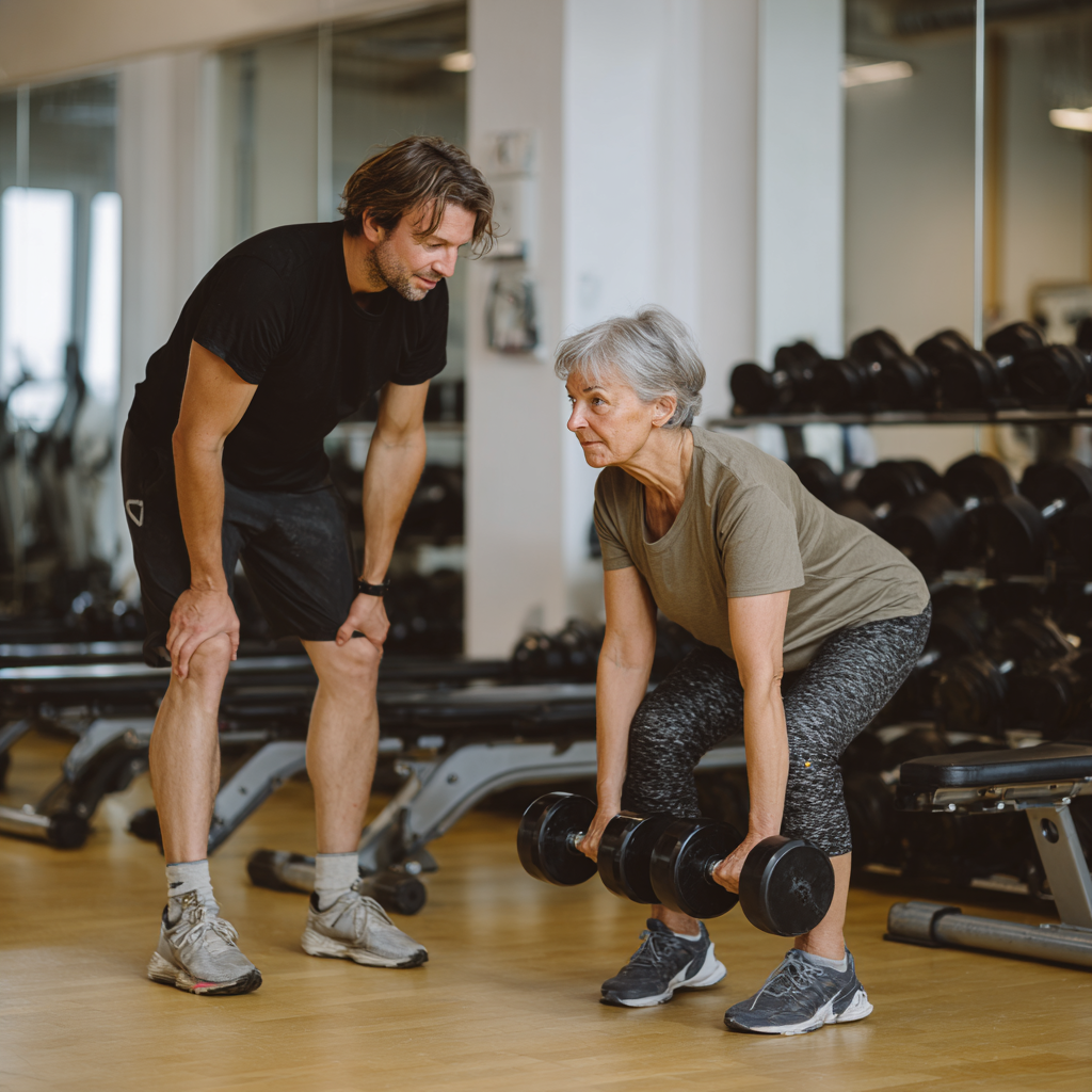 Тренер показує правильну техніку виконання базових вправ жінці віком 50 років на пробному занятті